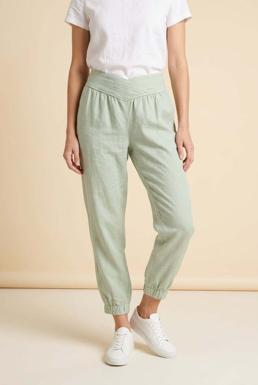 Banjara Sage Green Linen Blend Cross-Waist Jogger Pants